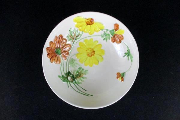 Vintage California Pottery Brown Yellow Daisy Flower Print Serving Bowl 11.5"