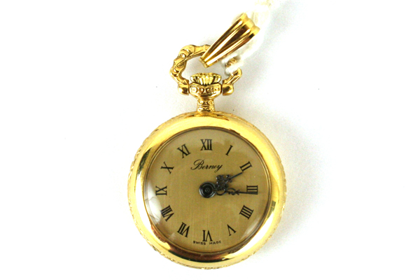 BERNEY Swiss Petite WATCH PENDANT Blue Enamel Gold Rose