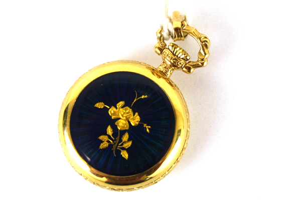BERNEY Swiss Petite WATCH PENDANT Blue Enamel Gold Rose