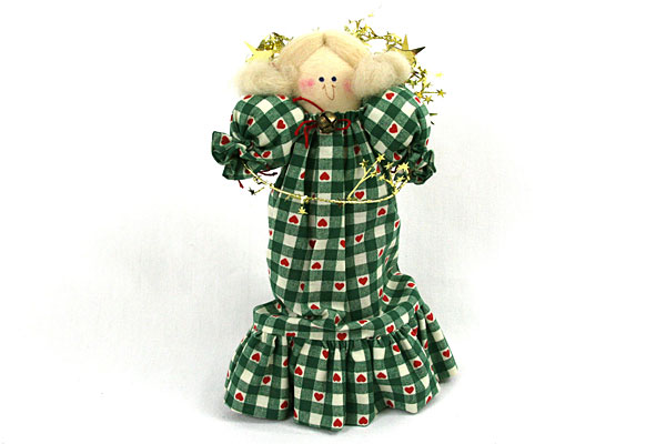 9" Angel Ornament w/ Green Checkered Dress and Red Hearts