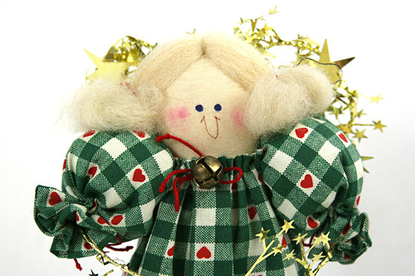 9" Angel Ornament w/ Green Checkered Dress and Red Hearts