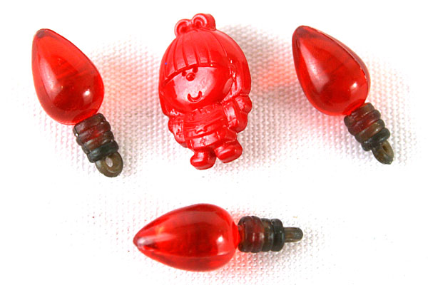 Lot of 3 Minature Red Light Bulb Pendants & Red Whimsical Girl Sewing Button