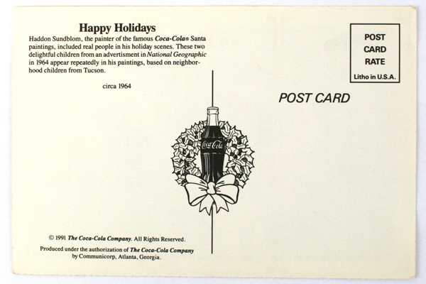 1991 Coca-Cola Vintage Christmas Ad Postcard Haddon Sundblom Santa Circa 1964