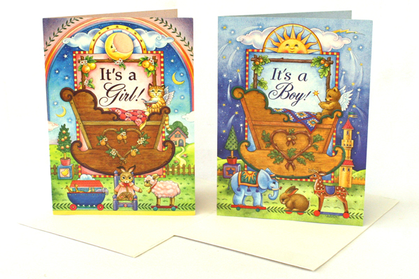 Set of 2 Sunrise Inc It's A Girl & It's A Boy Illustrated Cards w/ Envelopes