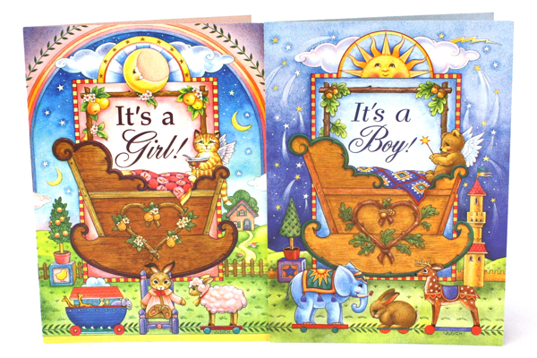 Set of 2 Sunrise Inc It's A Girl & It's A Boy Illustrated Cards w/ Envelopes