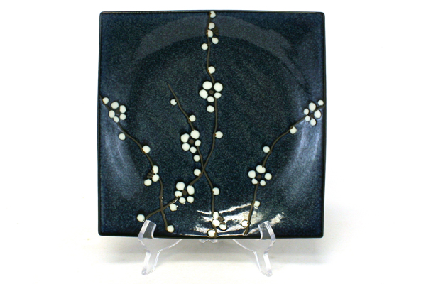 Uwajimaya Square Shaped Blue Glazed Pottery Plate with White Flower Pattern
