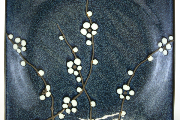 Uwajimaya Square Shaped Blue Glazed Pottery Plate with White Flower Pattern