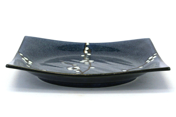 Uwajimaya Square Shaped Blue Glazed Pottery Plate with White Flower Pattern