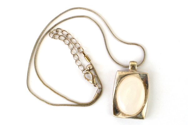 Vintage K.C. Jewelry MFG. Necklace Silver Rectangle With White Oval Stone