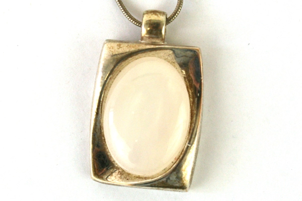 Vintage K.C. Jewelry MFG. Necklace Silver Rectangle With White Oval Stone