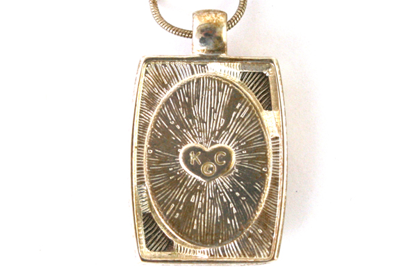 Vintage K.C. Jewelry MFG. Necklace Silver Rectangle With White Oval Stone