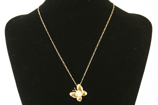 Gold Tone Butterfly Pendant Necklace with Opal Center