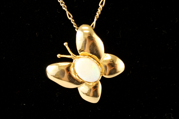 Gold Tone Butterfly Pendant Necklace with Opal Center