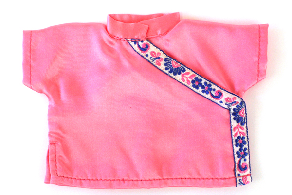 China Doll 2-Pc Outfit Pink Satin Pants & Shirt w/ Embroidered Blue Flowers