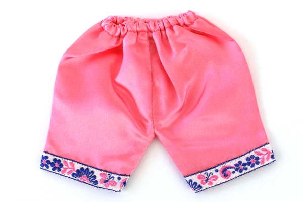 China Doll 2-Pc Outfit Pink Satin Pants & Shirt w/ Embroidered Blue Flowers