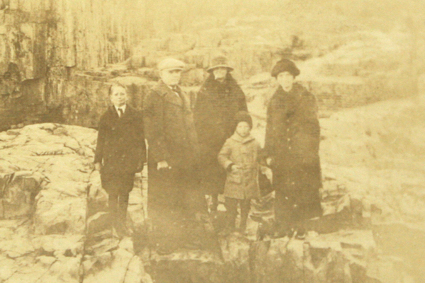 Vintage Real Snapshot Sepia Photograph Family of 5 at Mystery Location