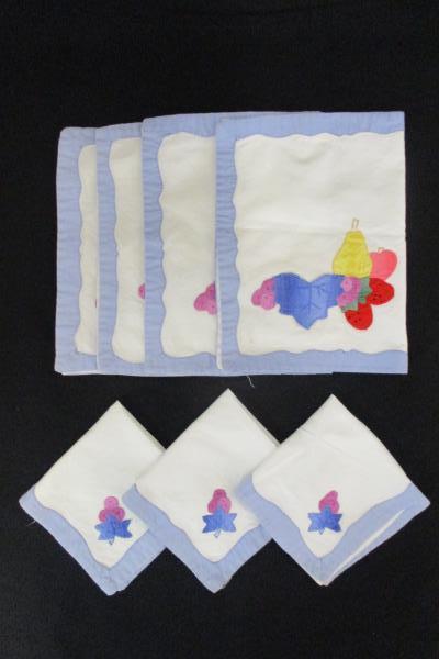 4 Handmade Bue White Fruit Fabric Placemats & 3 Linen Napkins