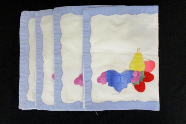 4 Handmade Bue White Fruit Fabric Placemats & 3 Linen Napkins