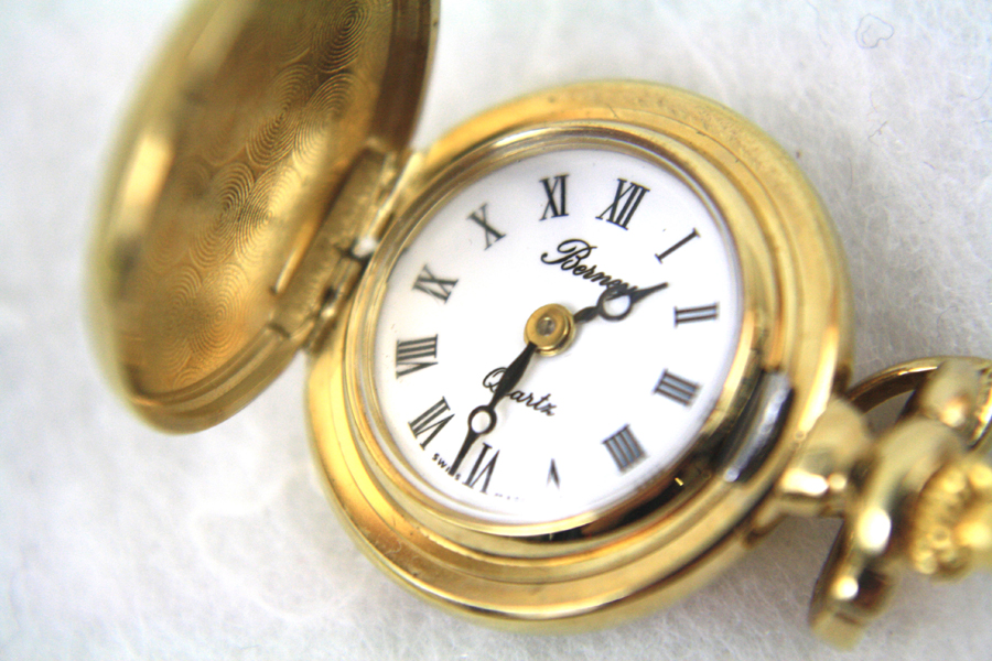 BERNEY Roman Numerals Swiss Pocket Watch Pendant with Gold Shield Overlay