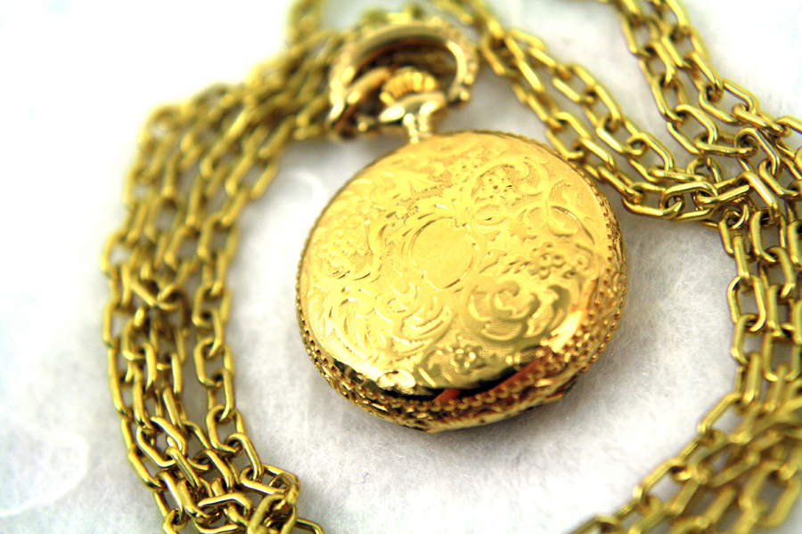 BERNEY Swiss Mini Pocket WATCH PENDANT Gold Overlay - Engraved Shield