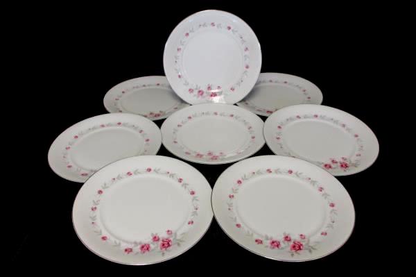 8 Norleans Fine China Dinner Plates 10.5" Diameter Bridal Rose Pattern
