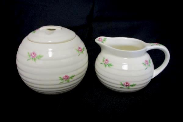 James River Potteries Creamer Pitcher Lidded Sugar Bowl Virginia White Pink Rose