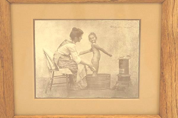 Framed Mother Bathing Child in Wash Basin Litho Print Artist Sign R. Hendrickson