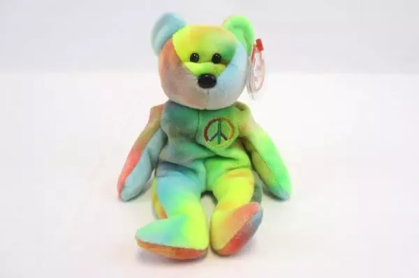 RARE Tag Errors Ty Beanie Baby Tie Dye Peace Bear 1996 Blue Green Yellow Front