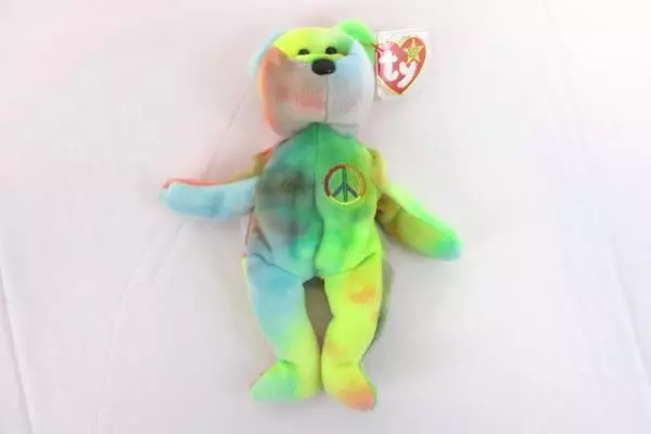RARE Tag Errors Ty Beanie Baby Tie Dye Peace Bear 1996 Blue Green Yellow Front