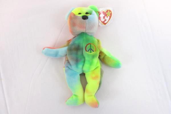 RARE Tag Errors Ty Beanie Baby Tie Dye Peace Bear 1996 Blue Green Yellow Front