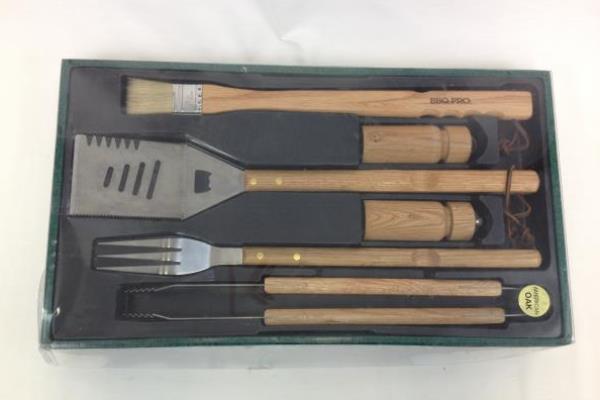 6 Piece BBQ Pro Real Oak Bar B Que Tool Set New Old Stock