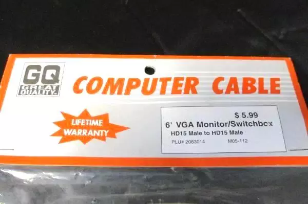 Lot of 2 GQ Great Quality Computer Cable 6' VGA HD15 Male to Male HD15 NEW OS