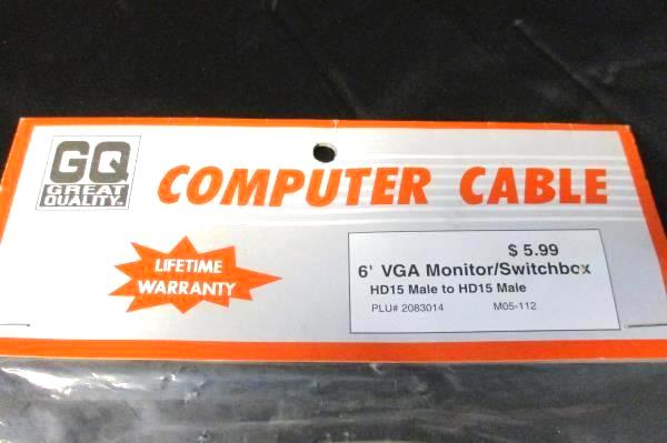 Lot of 2 GQ Great Quality Computer Cable 6' VGA HD15 Male to Male HD15 NEW OS