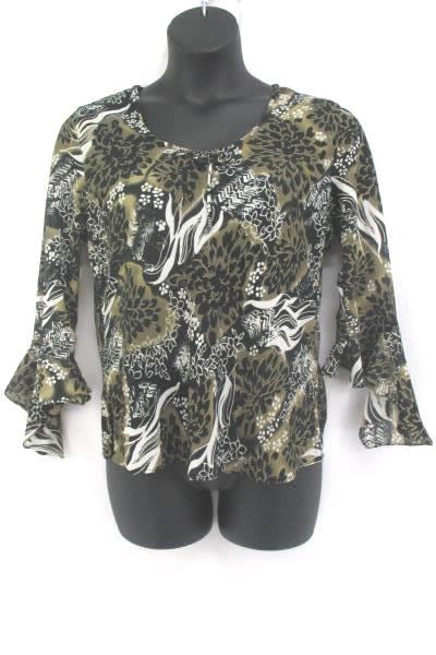 GNW Sheer Blouse Floral Print Bell Sleeve Sz L Positive Attitude Black Skirt 14