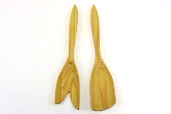 Set of 2 Wood Light Tone Salad Serving Spoon Fork Country Picnic