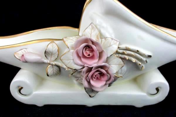 Vintage Creme Pink Rose Gold Tone Detail Floral Planter Oblong Scroll Base
