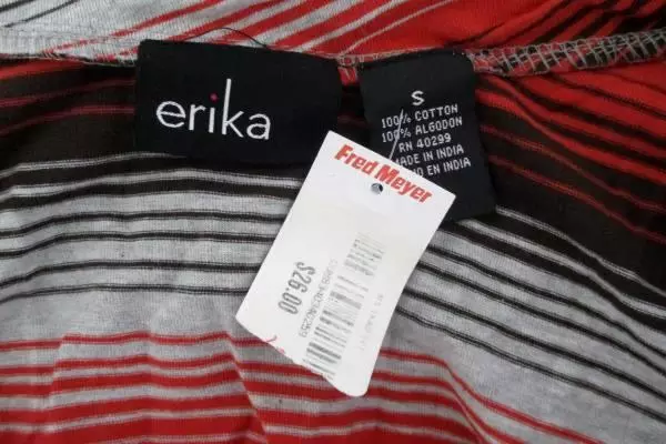 Erika Women Small Striped Crimson Boat Neck Cap Sleeve Shirt 100 Percent Cotton
