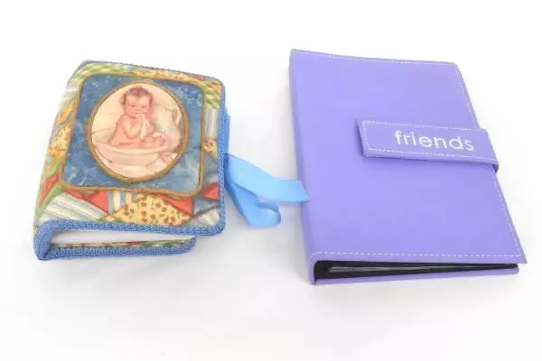 Lot of 2 Small Picture Albums Purple Friends Easy Fasten Fabric Covered Baby Alb