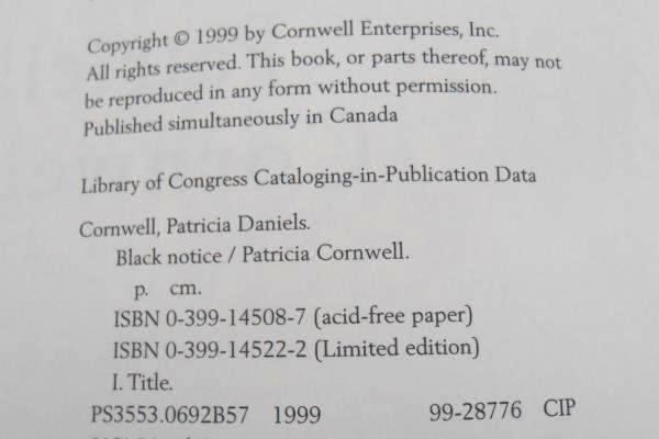 Black Notice Patricia Cornwell 1999 Scarpetta Series Hardcover Book