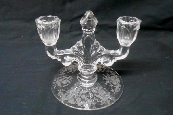 Heavy Clear Pressed Glass 2 Arm Candelabra Etched Floral Base Taper Candle