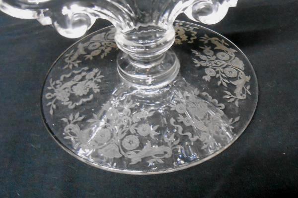 Heavy Clear Pressed Glass 2 Arm Candelabra Etched Floral Base Taper Candle