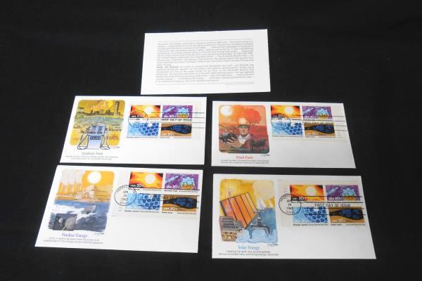 4 USPS FDC/FDI 1982 Solar Energy Nuclear Fossil Synthetic Four Block Stamps