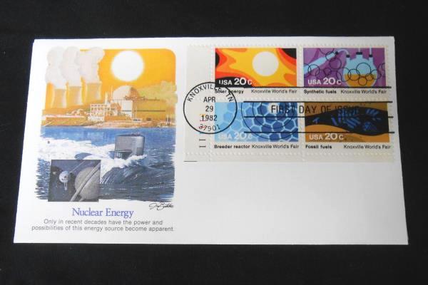 4 USPS FDC/FDI 1982 Solar Energy Nuclear Fossil Synthetic Four Block Stamps