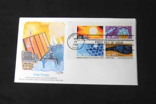 4 USPS FDC/FDI 1982 Solar Energy Nuclear Fossil Synthetic Four Block Stamps
