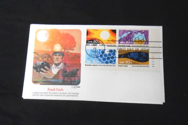 4 USPS FDC/FDI 1982 Solar Energy Nuclear Fossil Synthetic Four Block Stamps