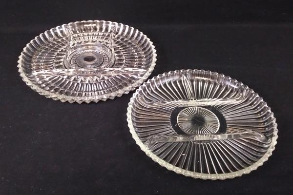 Set of 2 Clear Pressed Glass Divided Appetizer Hors d'oeuvres Serving Tray