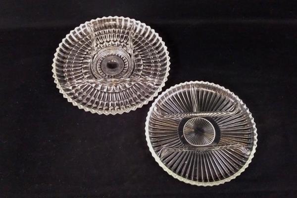 Set of 2 Clear Pressed Glass Divided Appetizer Hors d'oeuvres Serving Tray