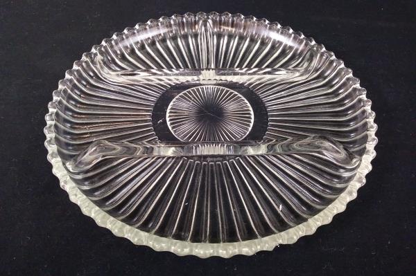 Set of 2 Clear Pressed Glass Divided Appetizer Hors d'oeuvres Serving Tray