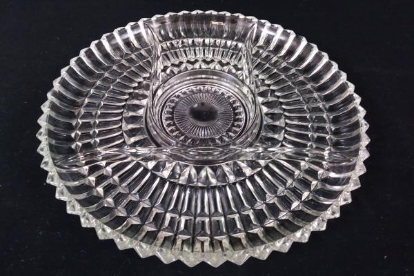 Set of 2 Clear Pressed Glass Divided Appetizer Hors d'oeuvres Serving Tray