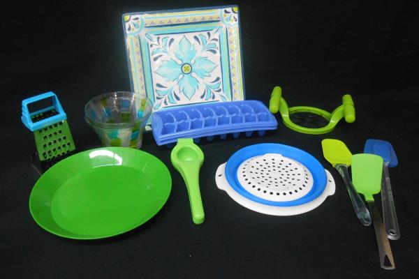 Lot of Blue Green Kitchen Ware Square Platter Apple Cutter Grater Ice Cube Trays